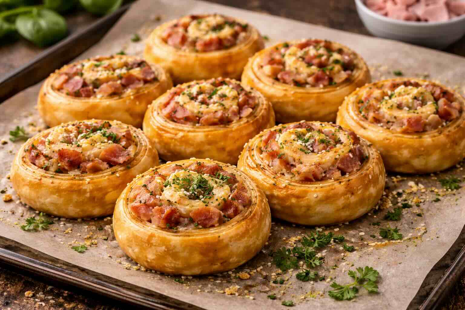 Blätterteigschnecken mit Schinken, Salami und Käse