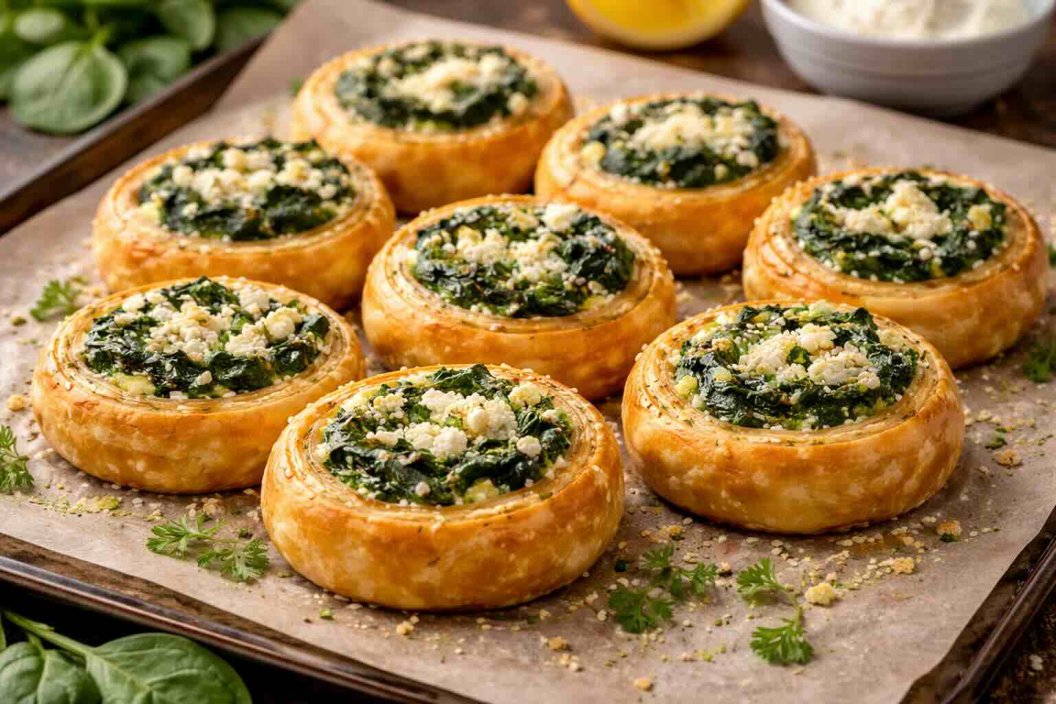 Blätterteigschnecken mit Spinat und Käse