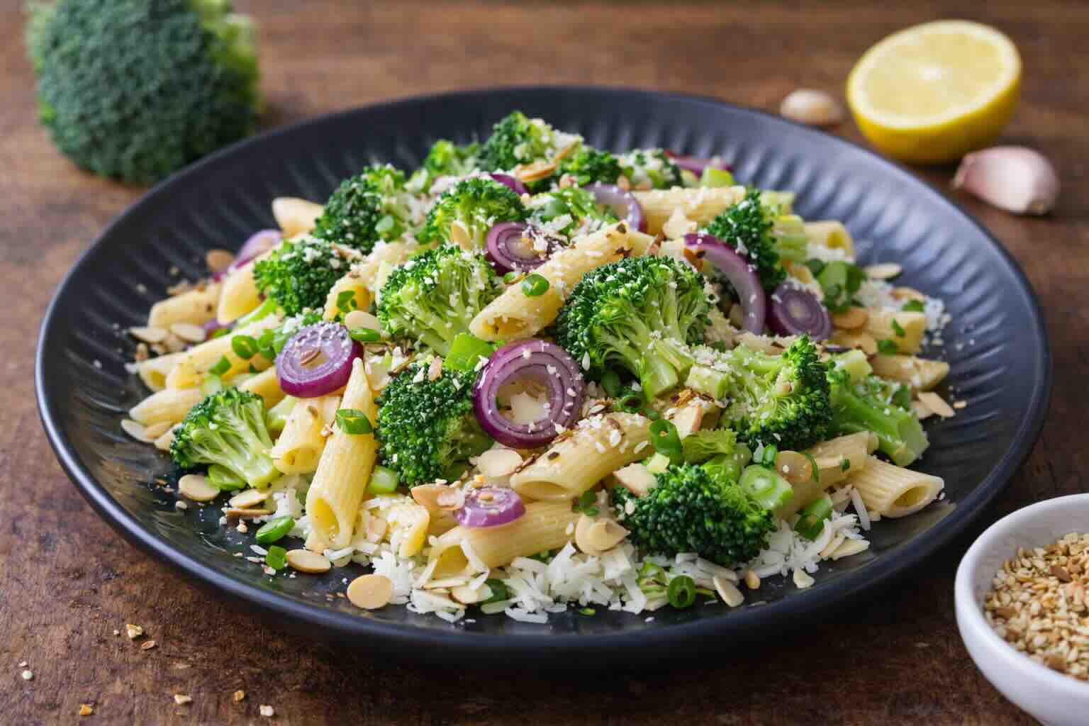 Brokkoli-Mandel-Penne mit roten Frühlingszwiebeln