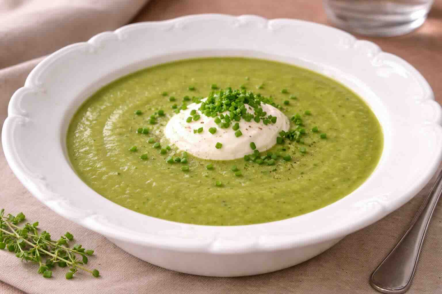 Grüne Erbsensuppe mit Schmandkrone