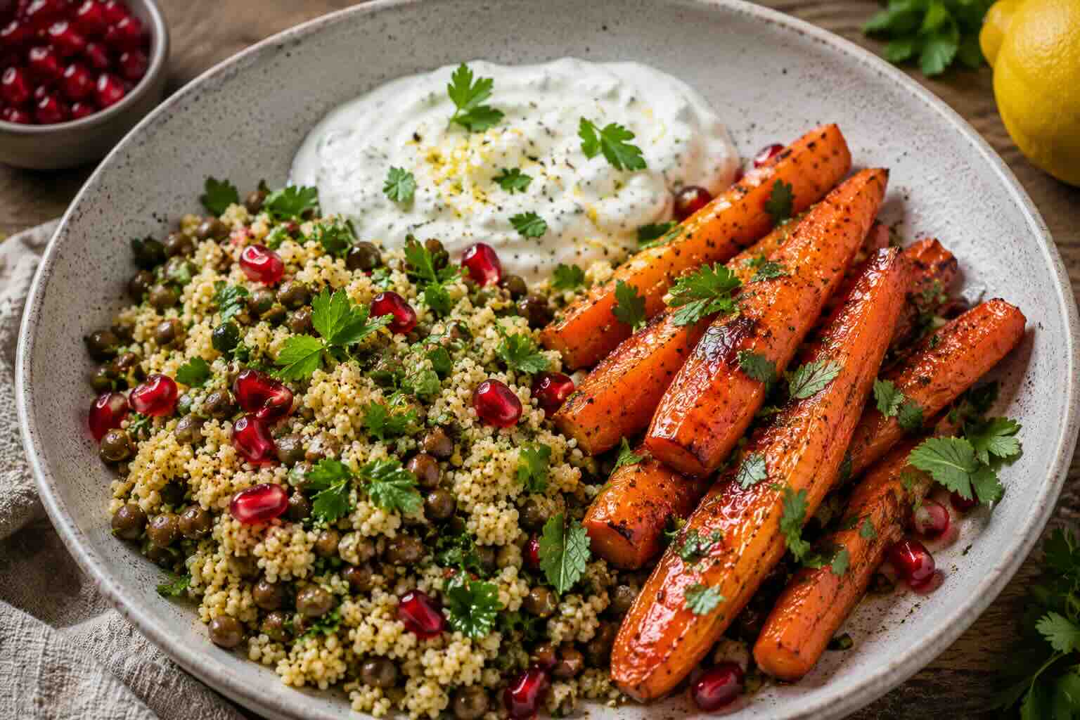 Honig-Möhren auf Linsen-Couscous