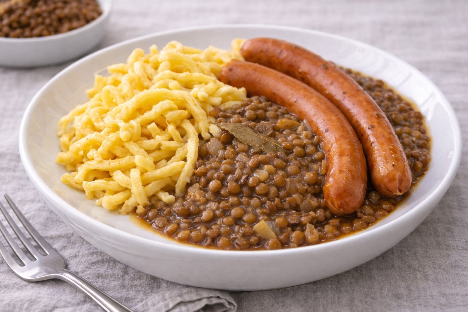 Linsen mit Spätzle und Saitenwürste