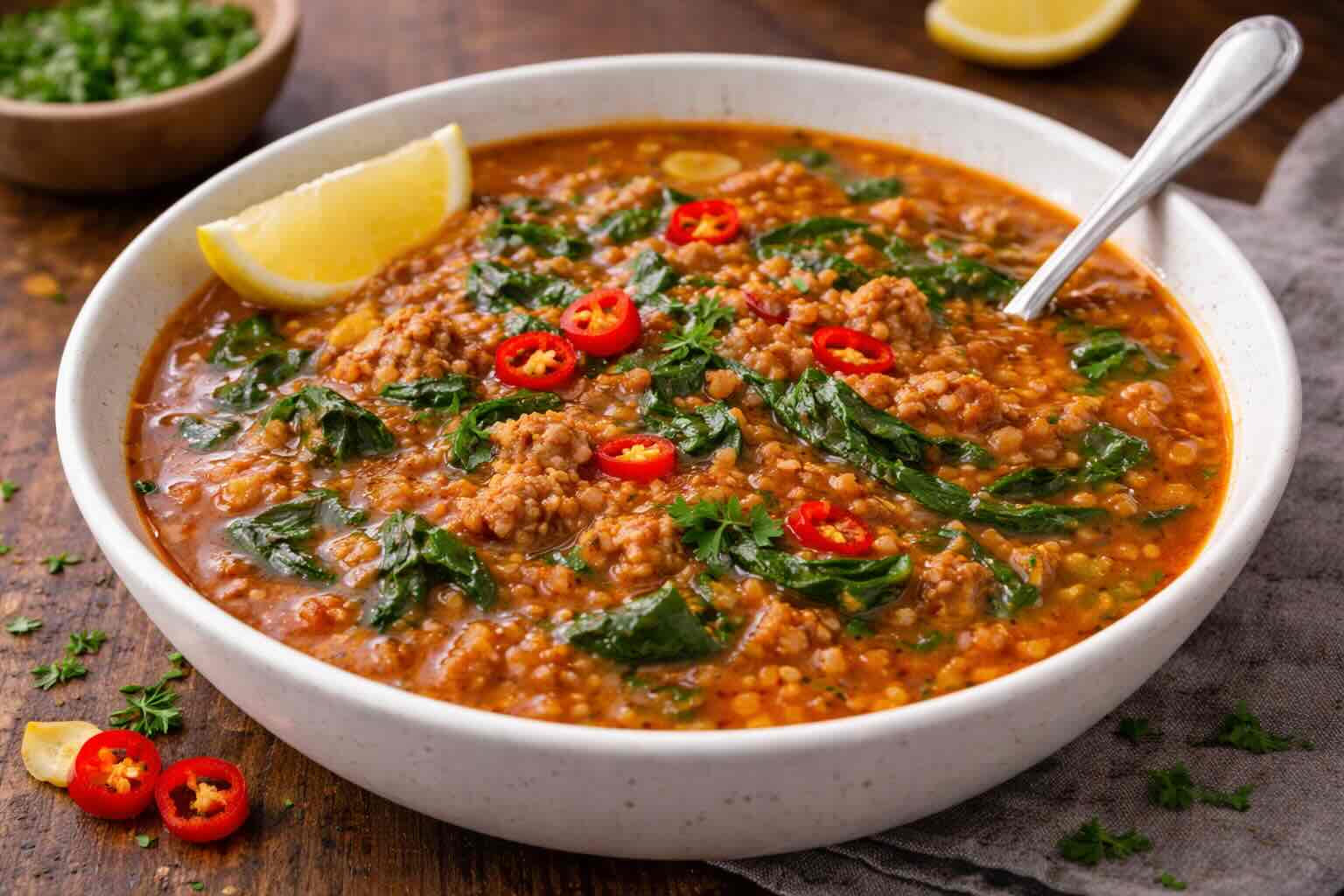 Rote-Linsensuppe mit Spinat