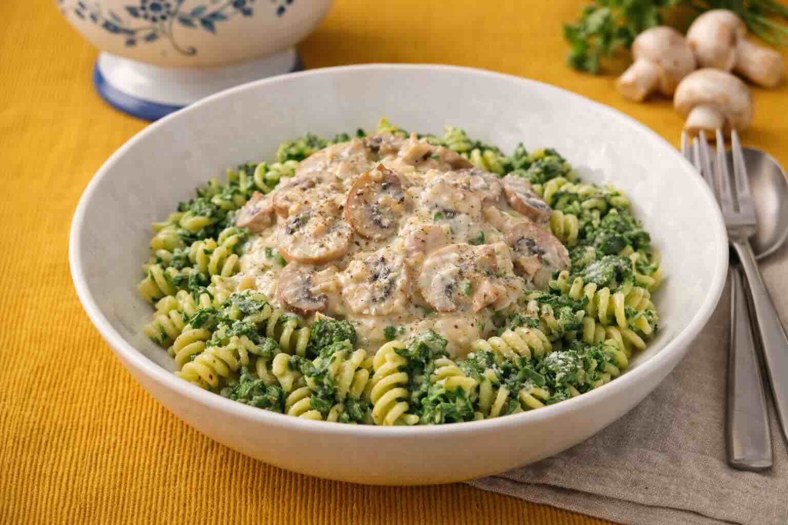 Spinatnudeln mit Champignons