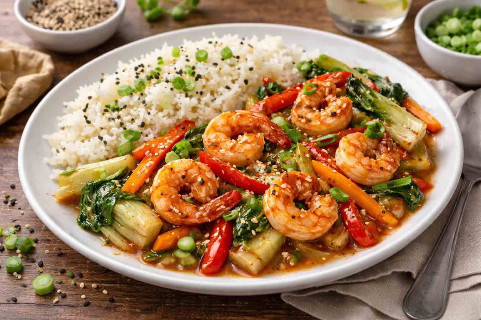 Teriyaki-Garnelen mit Gemüse und Jasminreis